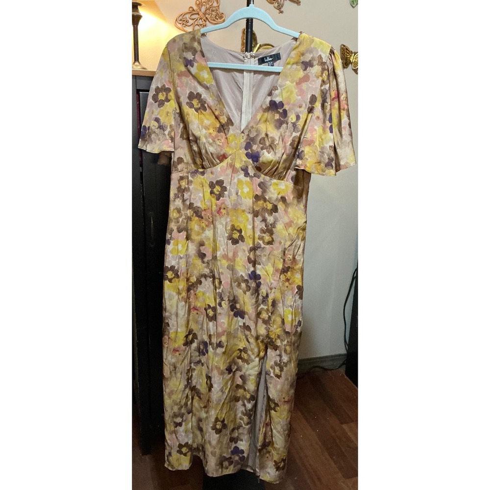 Lulus Yellow Floral Flutter Sleeve V-Neck Midi Dress XL